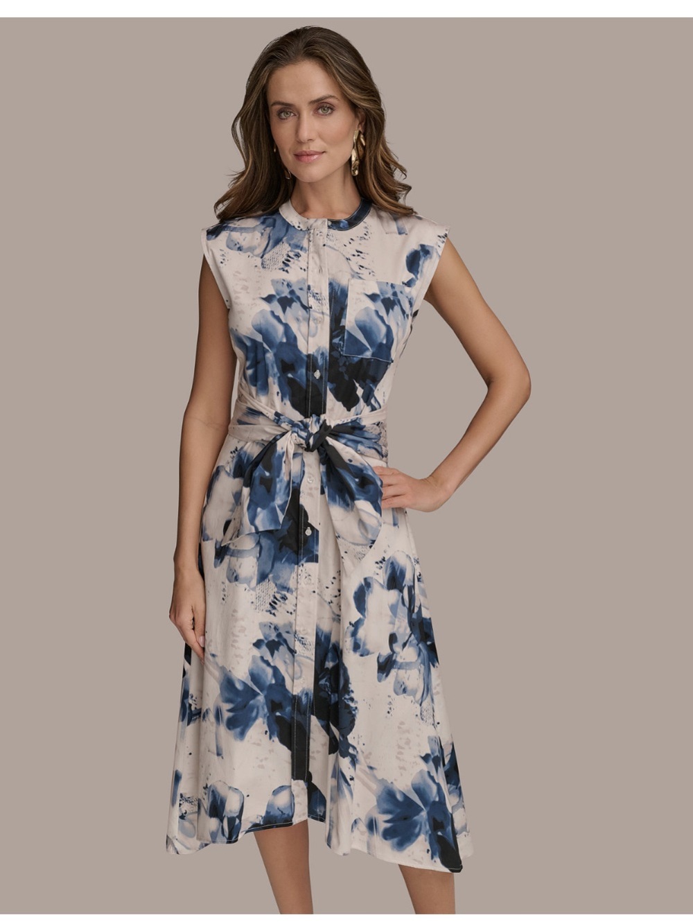 Donna Karan New York Sleeveless Blue Floral Tie-Waist Midi Dress NWT